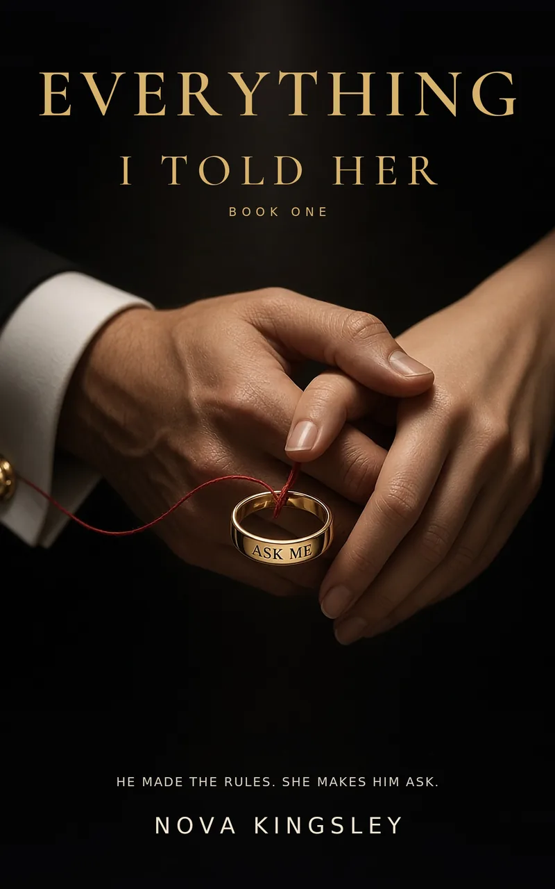 Book cover of Everything I Told Her by Nova Kingsley: a gold ring engraved ASK ME, held between a man's and a woman's hands, tied with a red thread, on black.