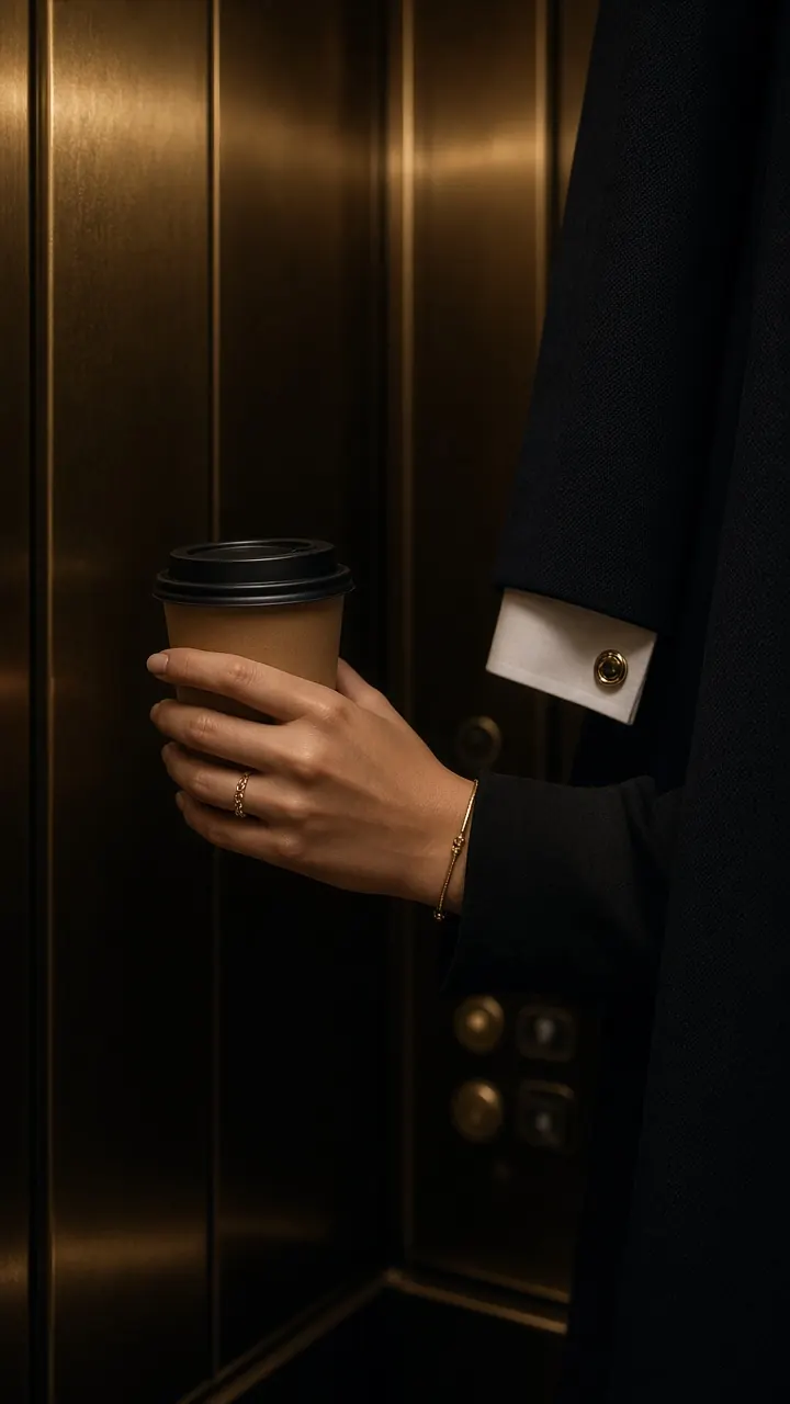 A woman's hand holding a takeaway coffee cup in a dark gold-paneled elevator, beside the sleeve of a man's dark suit with a gold cufflink.