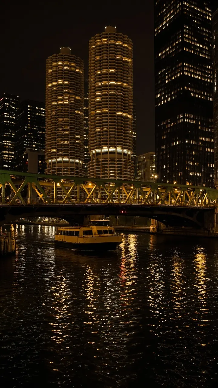 A bridge and a lit water taxi on a black river at night, golden reflections on the water.